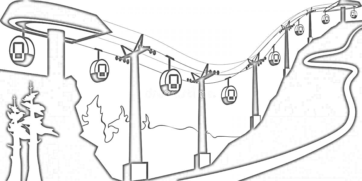 На раскраске изображено: Канатная дорога, Горы, Деревья, Кабинки, Трос, Природа, Пейзаж