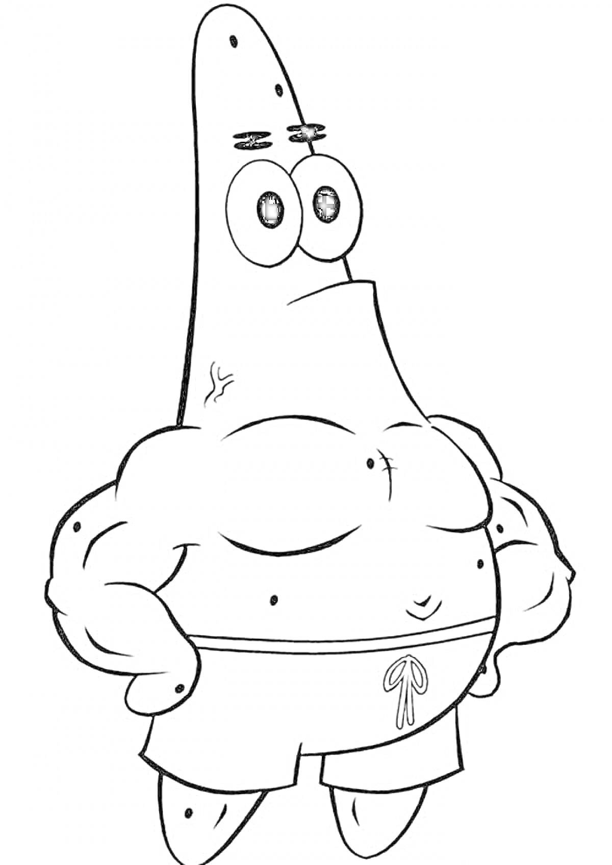 Раскраска Патрик с мускулистым телом в шортах