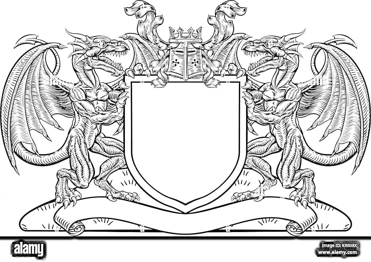 Раскраска Рыцарский герб с драконами, щитом, короной и свитком
