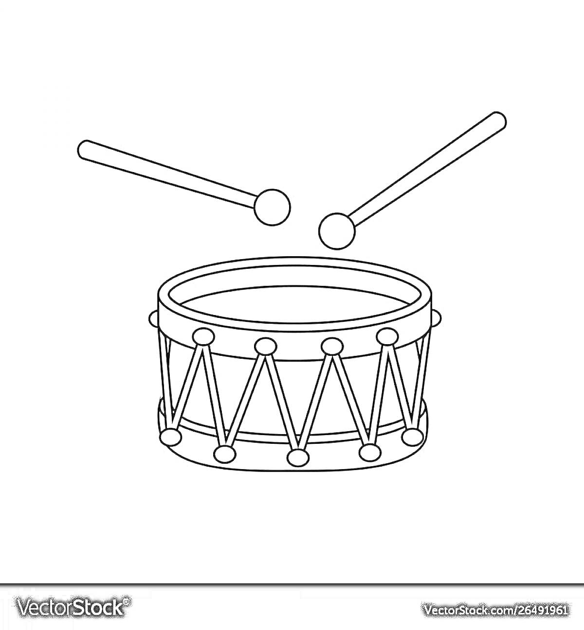 На раскраске изображено: Барабан, Палочки для барабана, Для малышей, Барабанная установка, Музыкальные инструменты, Барабанные палочки