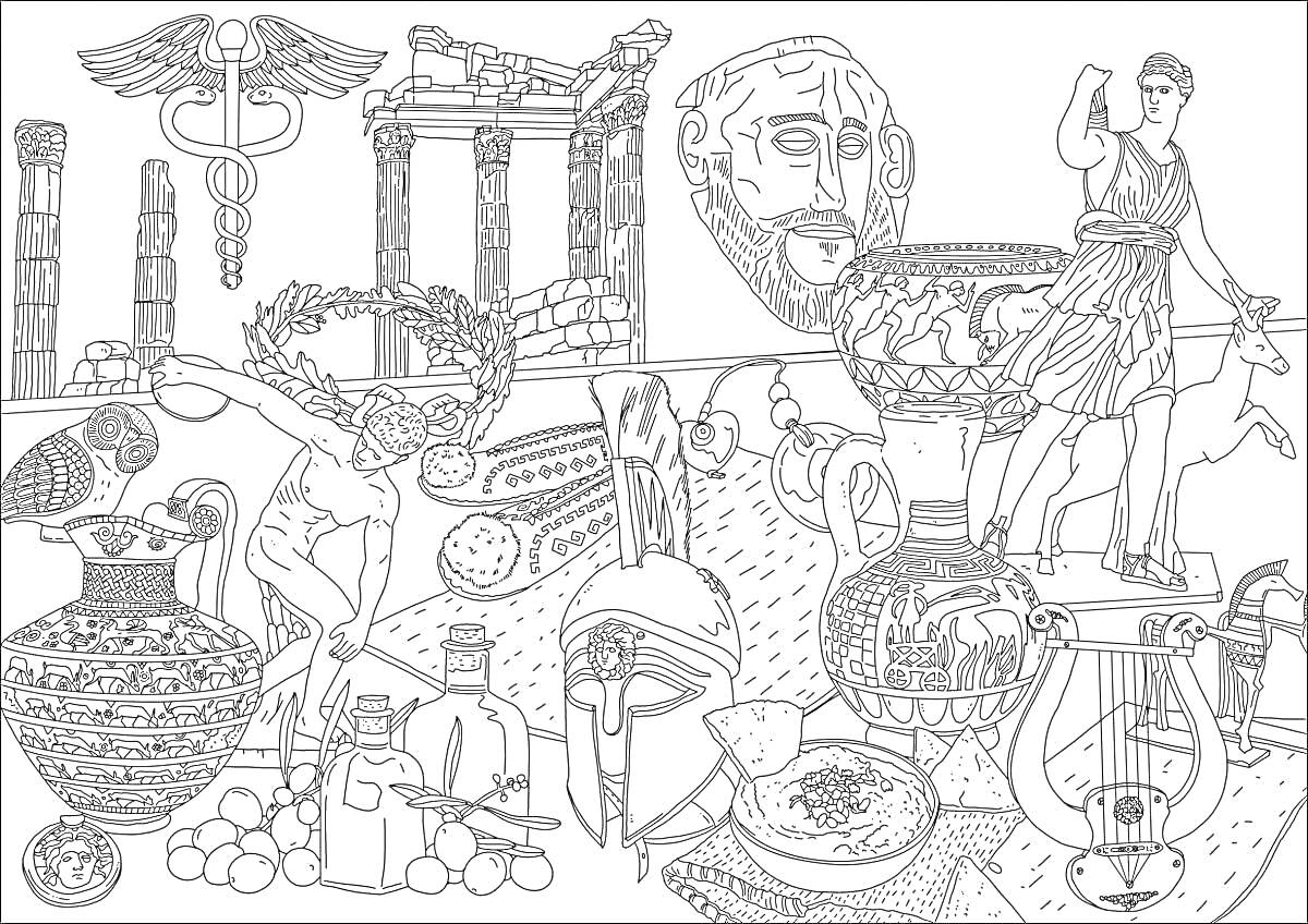 На раскраске изображено: Греция, Столбы, Лавровый венок, Музыкальные инструменты, Архитектура, Древность, Античность, Традиции