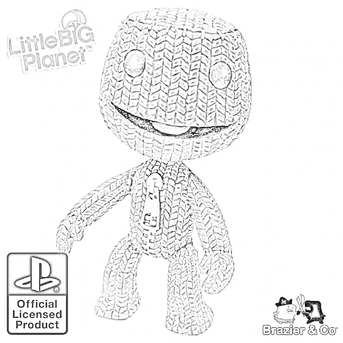 Сэкбой из LittleBigPlanet на текстурированном фоне с логотипами PlayStation и Brazier & Co.