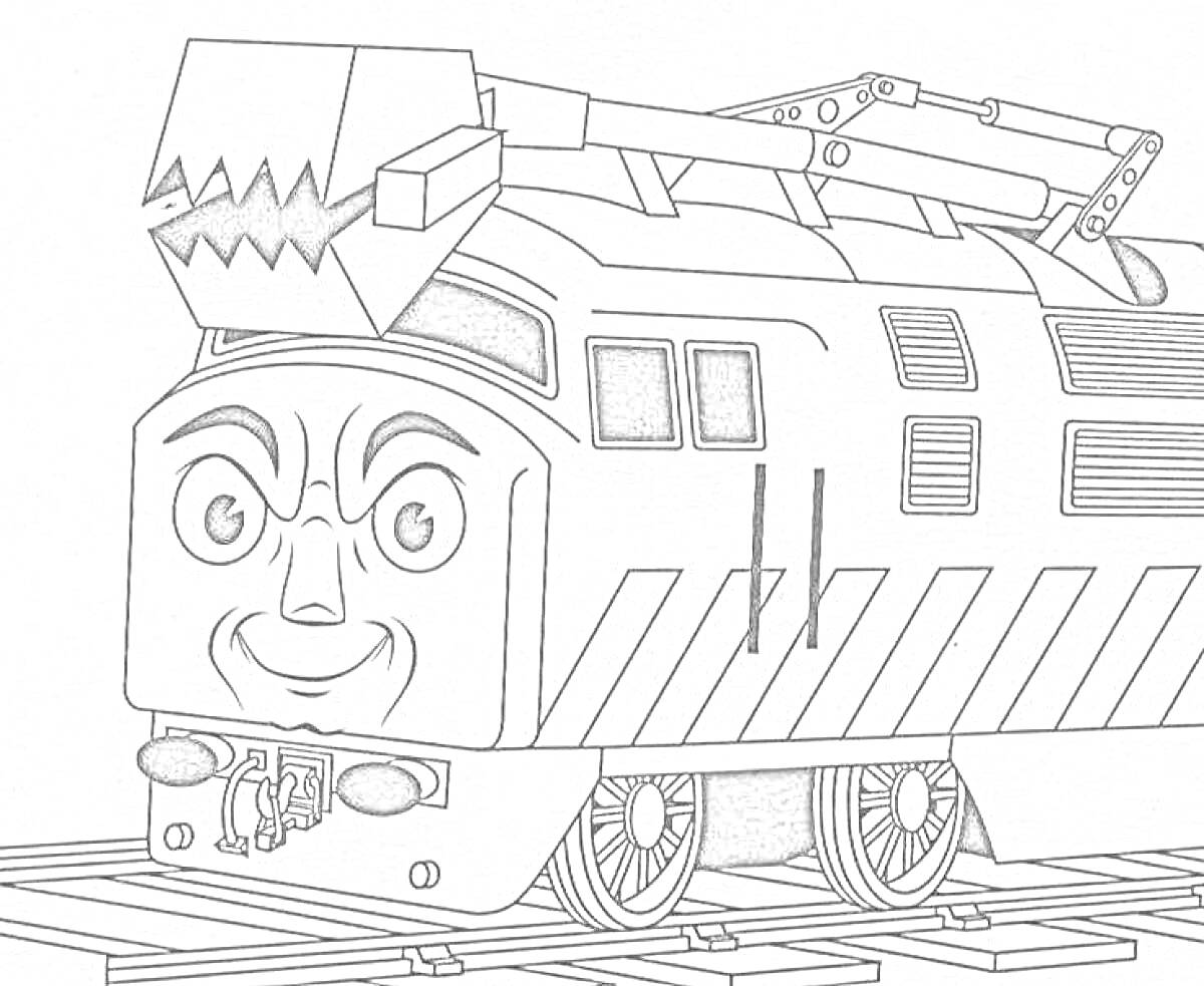 Раскраска Поезд с лицом и пожирающим механизмом