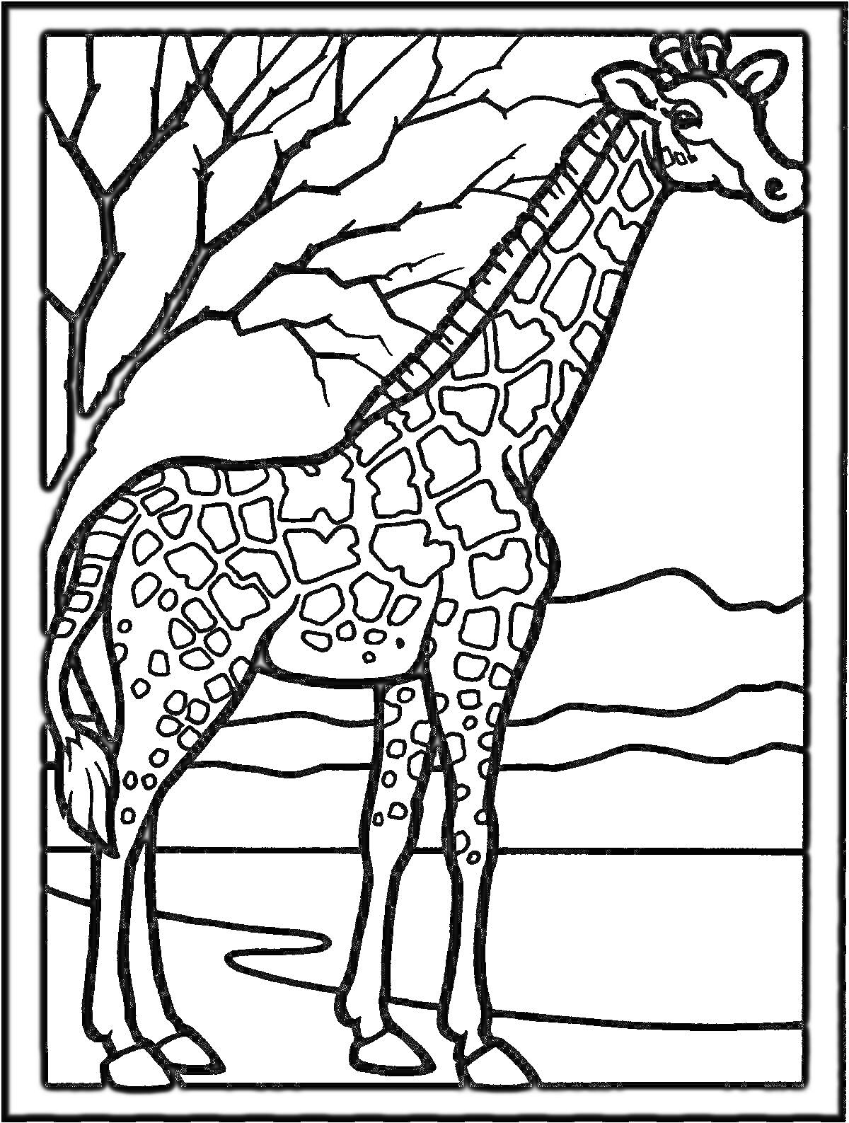 Раскраска Жираф, дерево и горный пейзаж