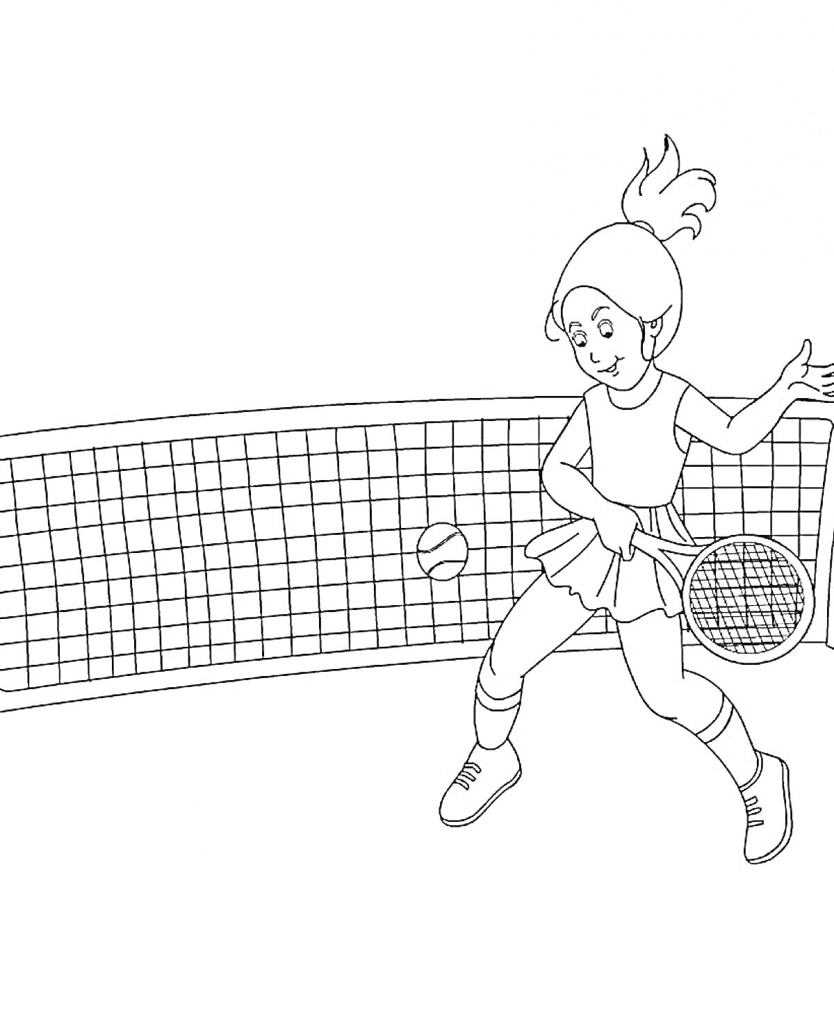 Раскраска Девочка играет в теннис перед сеткой, в руке ракетка, мяч в воздухе.