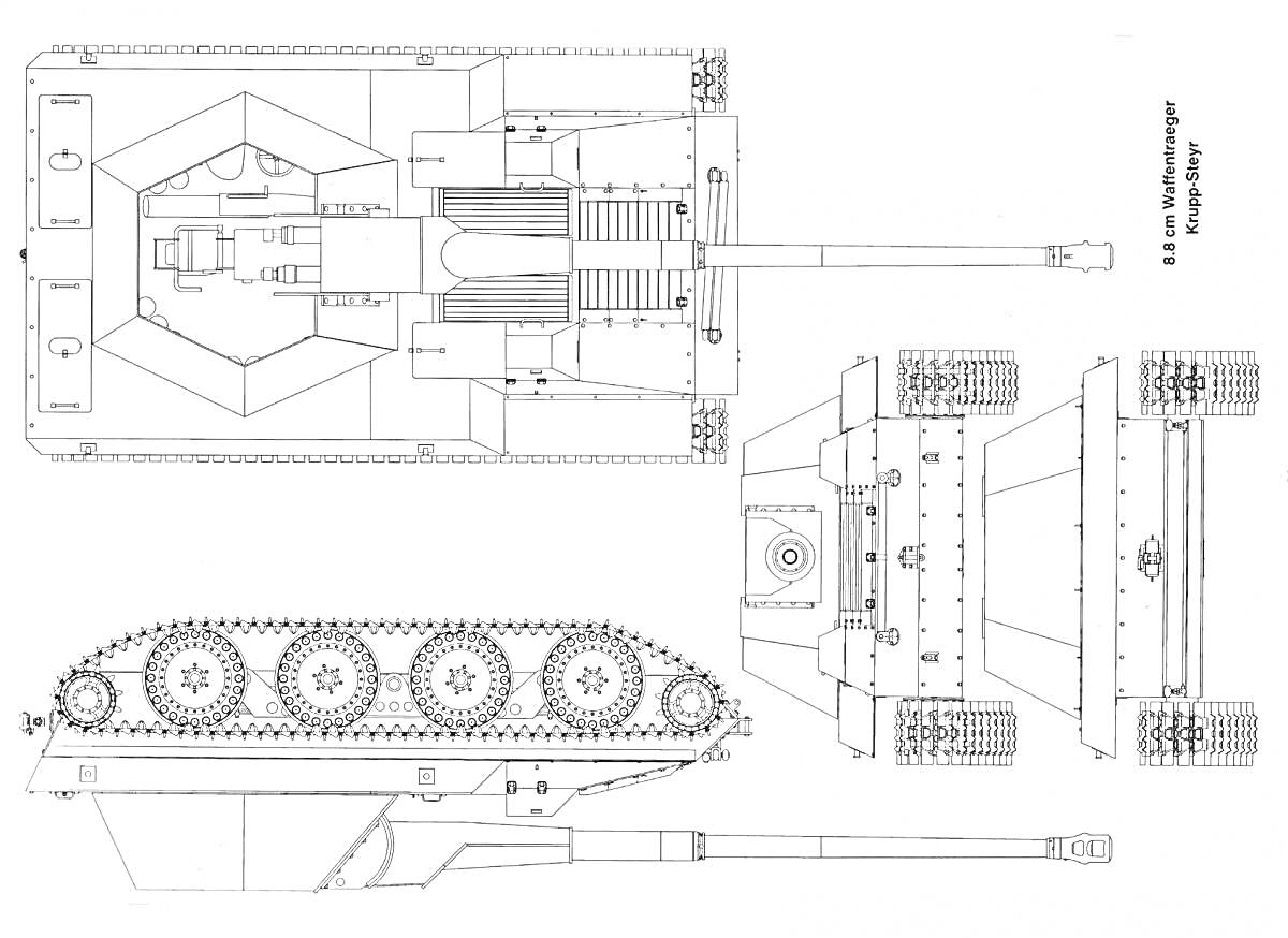 Раскраска Черно-белая раскраска танка Waffentrager E100 с изображением сверху, сбоку и спереди