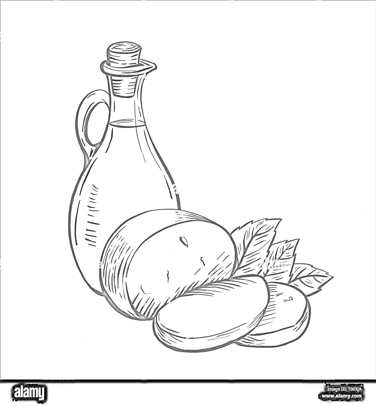 На раскраске изображено: Оливковое масло, Бутылка, Хлеб, Листья, Еда, Кухонные принадлежности