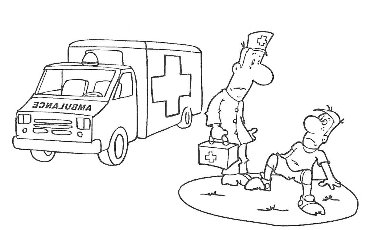 На раскраске изображено: Скорая помощь, Врач, Пациент, Машина скорой помощи, Раненый, Медпомощь, Мальчик, Крест, Медик, Медицинская помощь