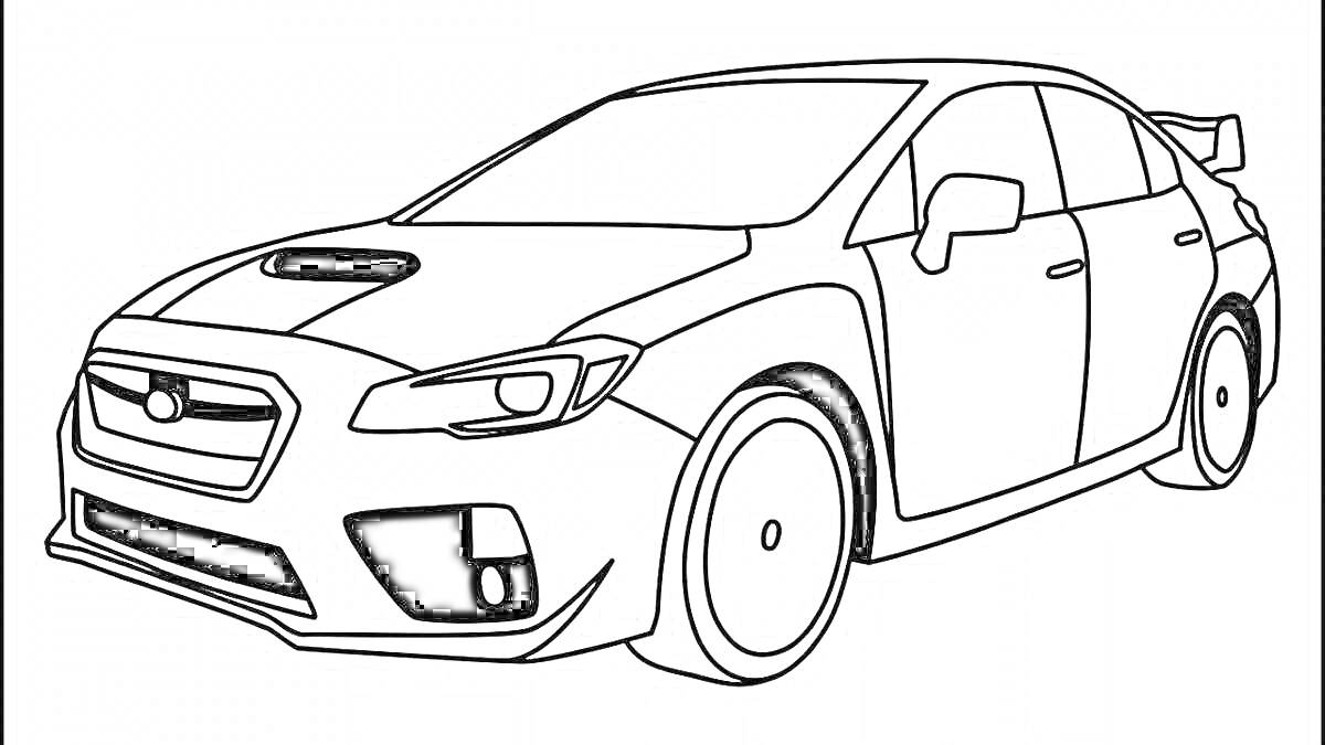 На раскраске изображено: Subaru, Спорткар, Транспорт, Антикрыло, Спойлер