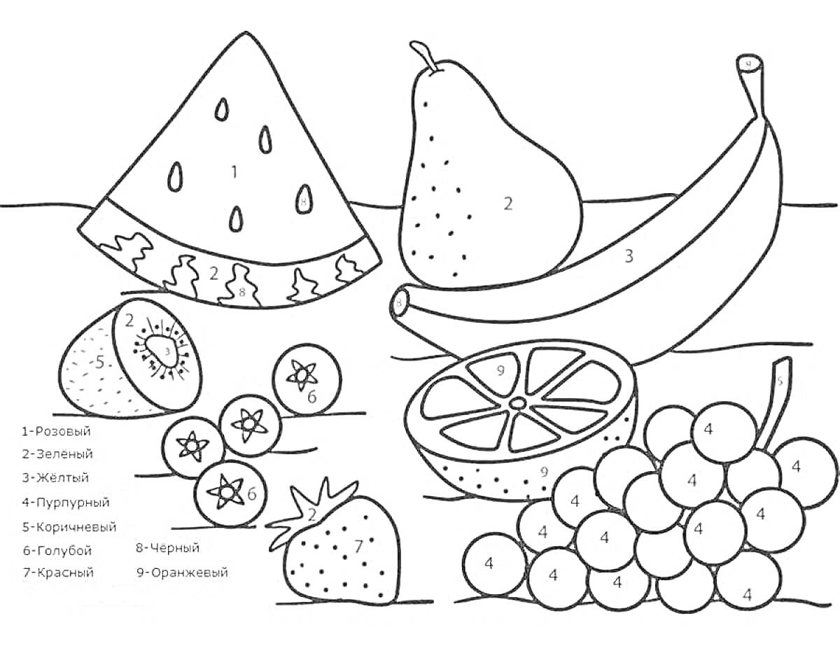 Раскраска фрукты (арбуз, груша, бананы, киви, апельсин, виноград, клубника)