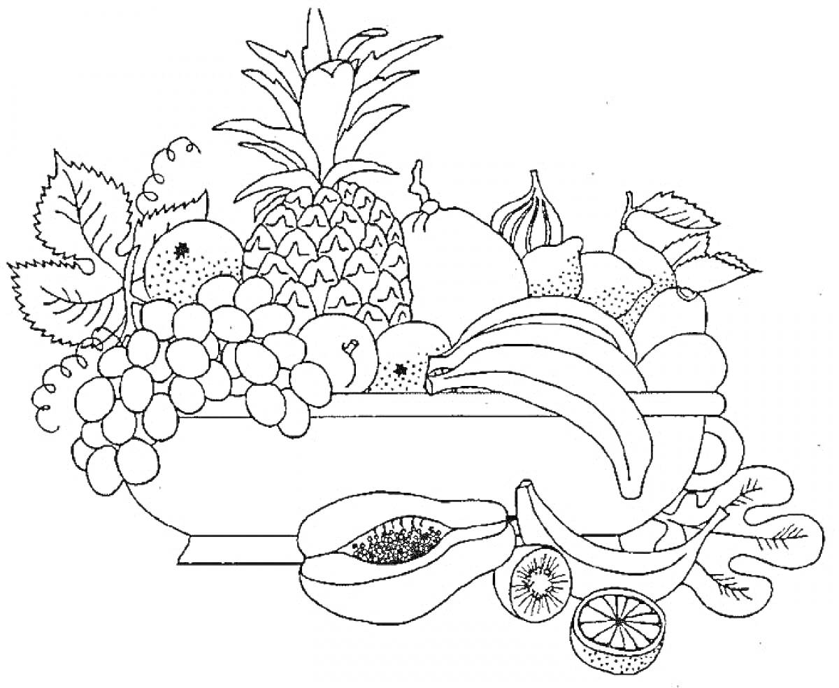 Раскраска Натюрморт с ананасом, бананами, виноградом, апельсином, грушами, и листьями в чаше