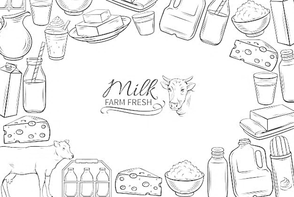 На раскраске изображено: Молочные продукты, Молоко, Йогурт, Масло, Мороженое, Сыр, Корова, Сметана, Творог
