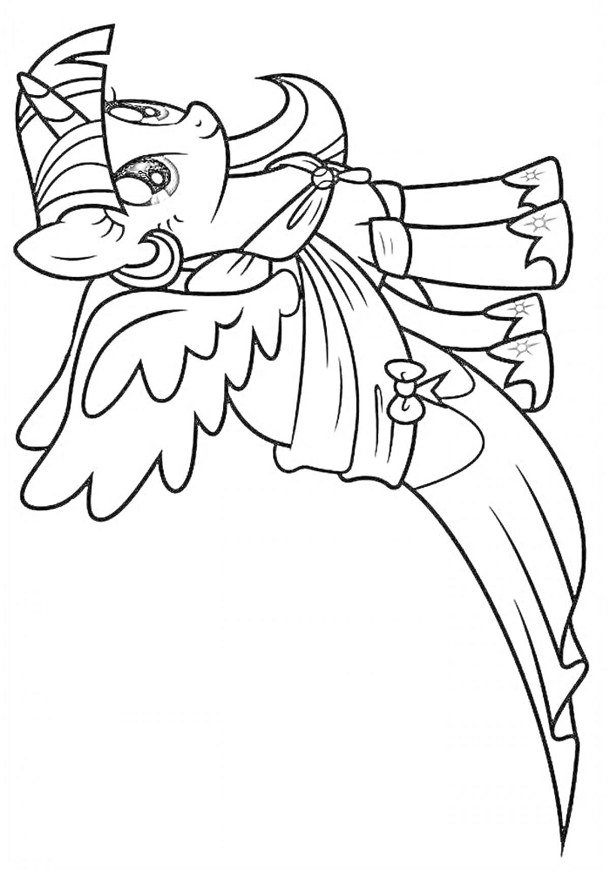Раскраска Пони в короне с крыльями и длинным платьем