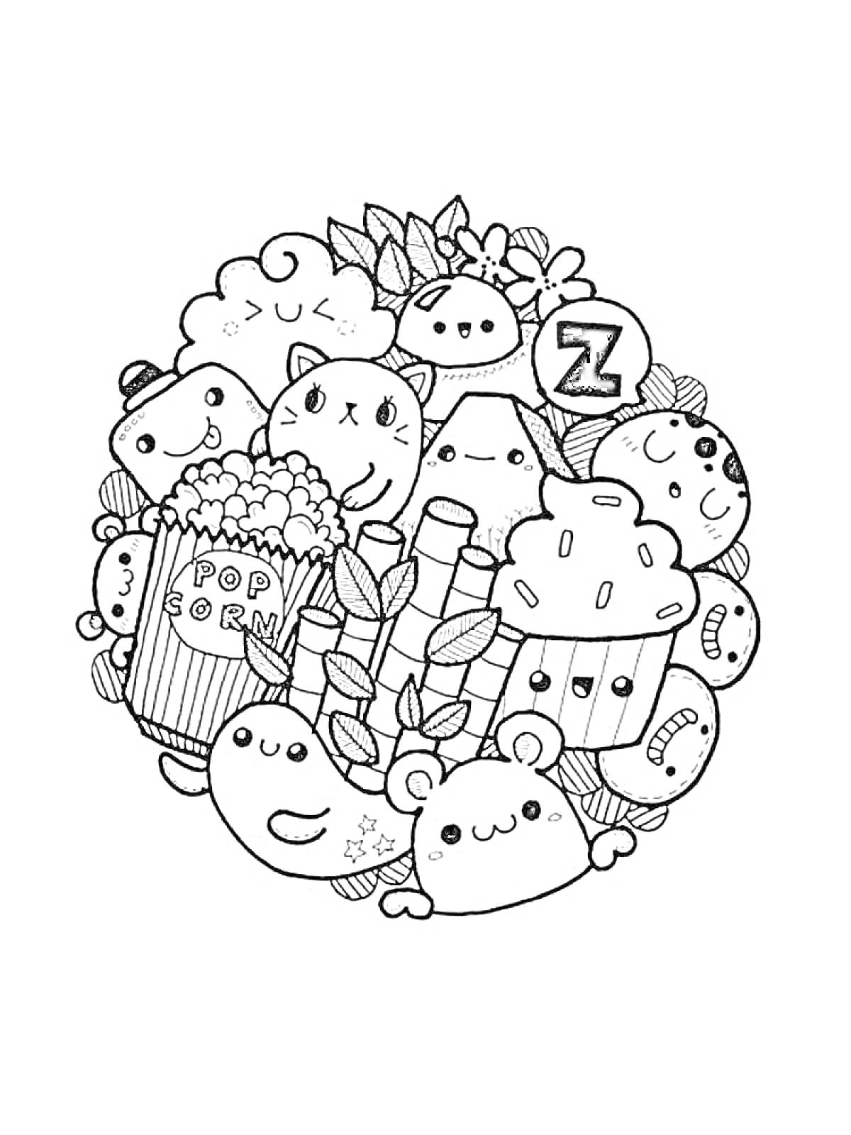 Раскраска Кавайные еда и животные (попкорн, мишка, булочка, кот, листья, кружка с трубочками, спящий смайл)