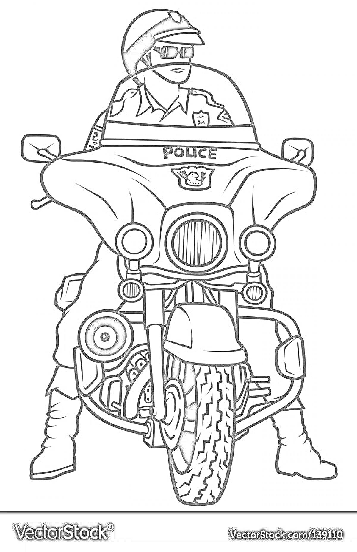 Раскраска Полицейский на мотоцикле с номерными знаками, передней фарой и защитной дугой