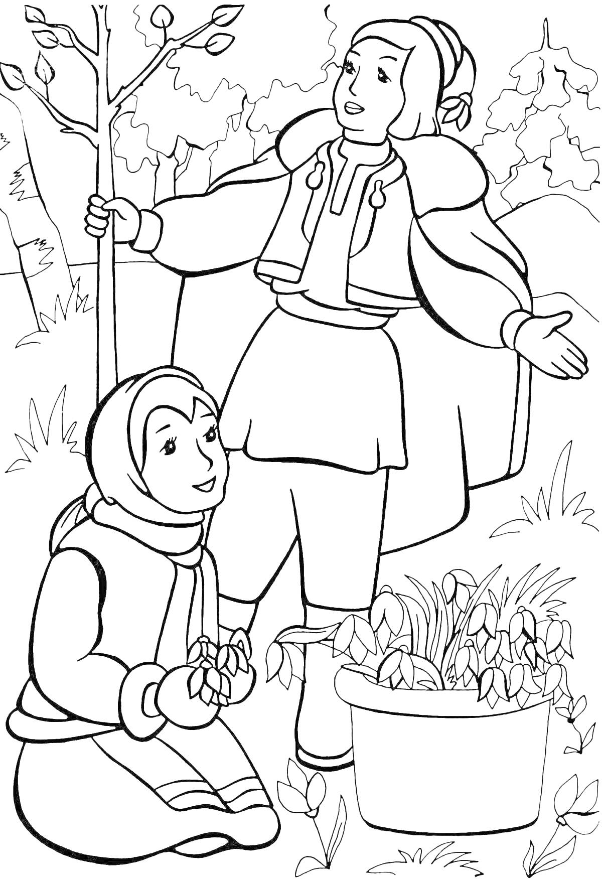 Раскраска Парень и девушка в зимней одежде рядом с деревом и растением в горшке в лесу