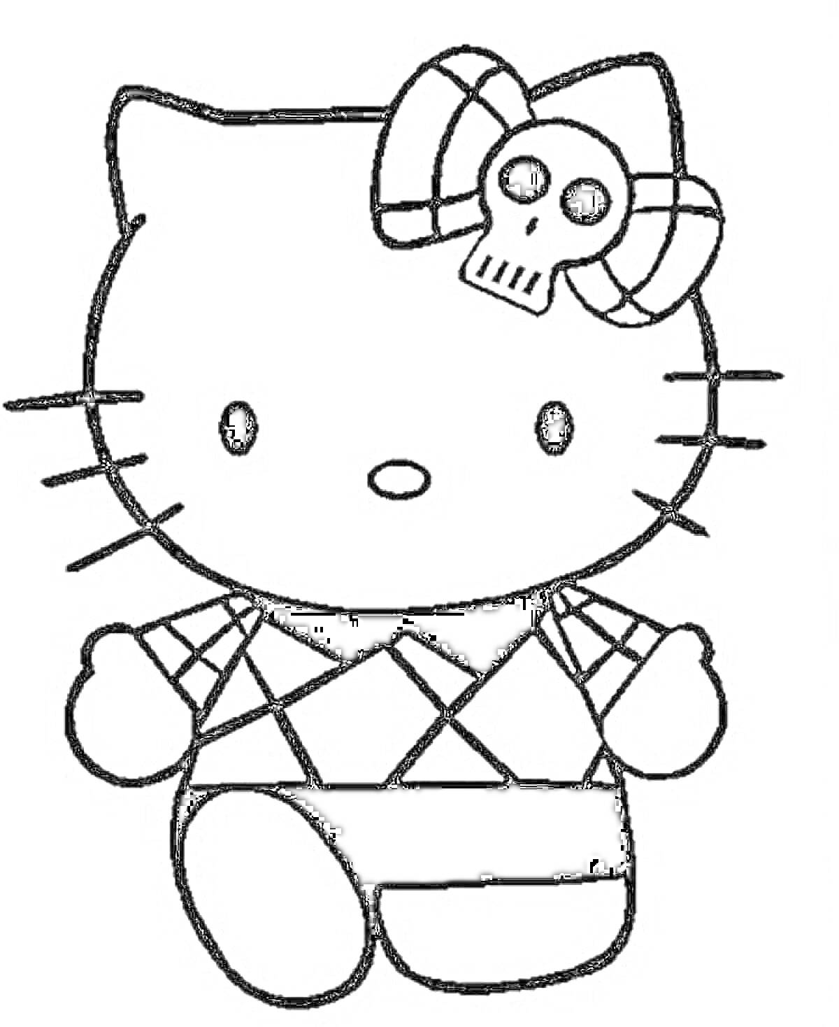 Раскраска Hello Kitty в клетчатой одежде с черепом на банте