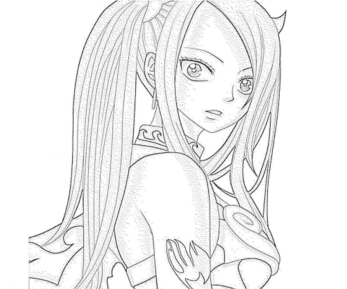 Девушка с длинными волосами в стиле аниме, в деталированной одежде с узорами, с серьёзным выражением лица