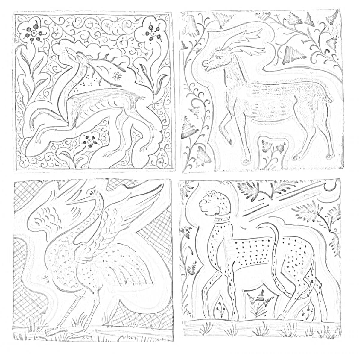 Раскраска Керамическая плитка ручной работы с изображением животных: олень, антилопа, журавль