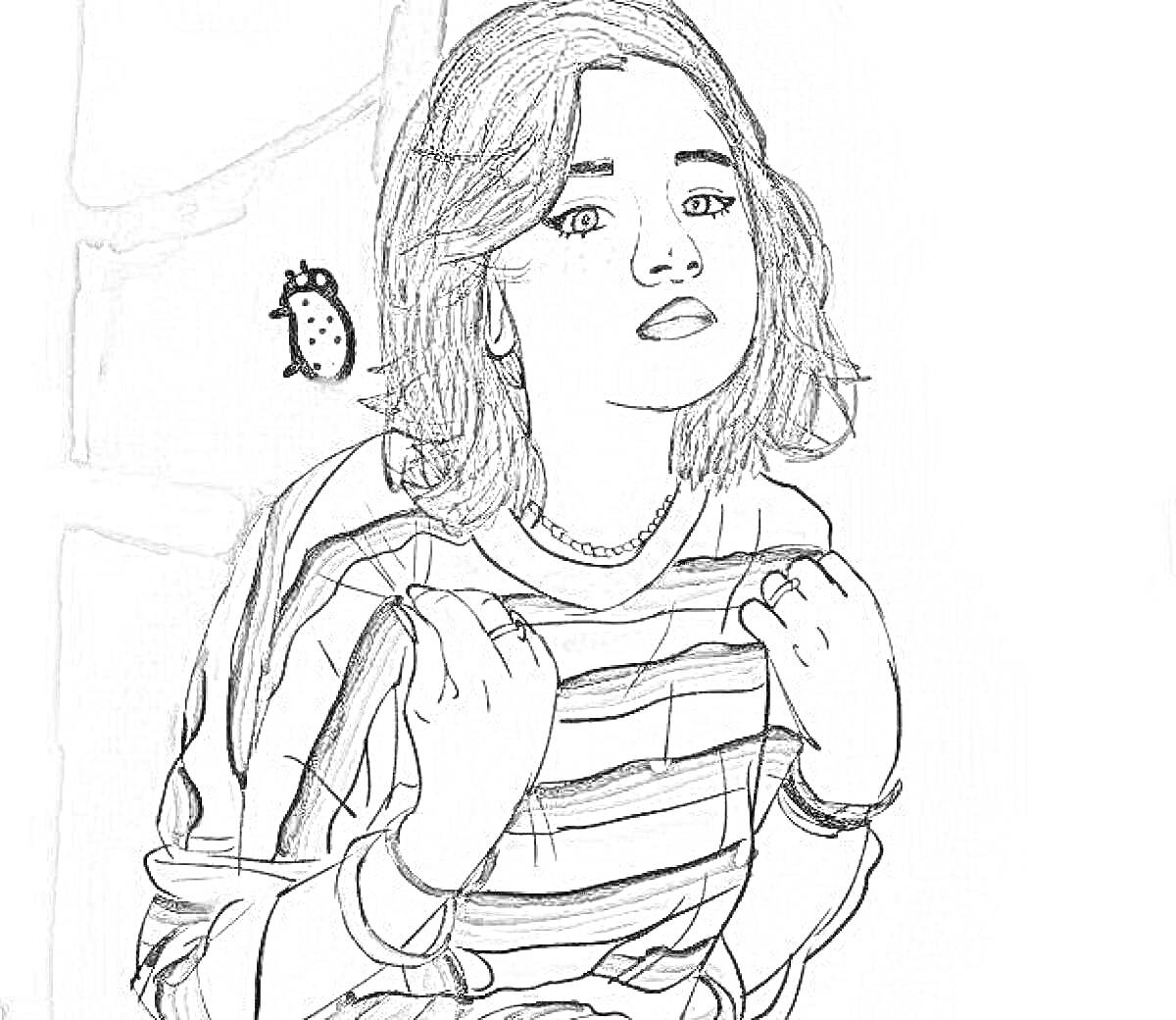 Раскраска Девушка с короткими темными волосами и в полосатой кофте на фоне с рисунком жучка