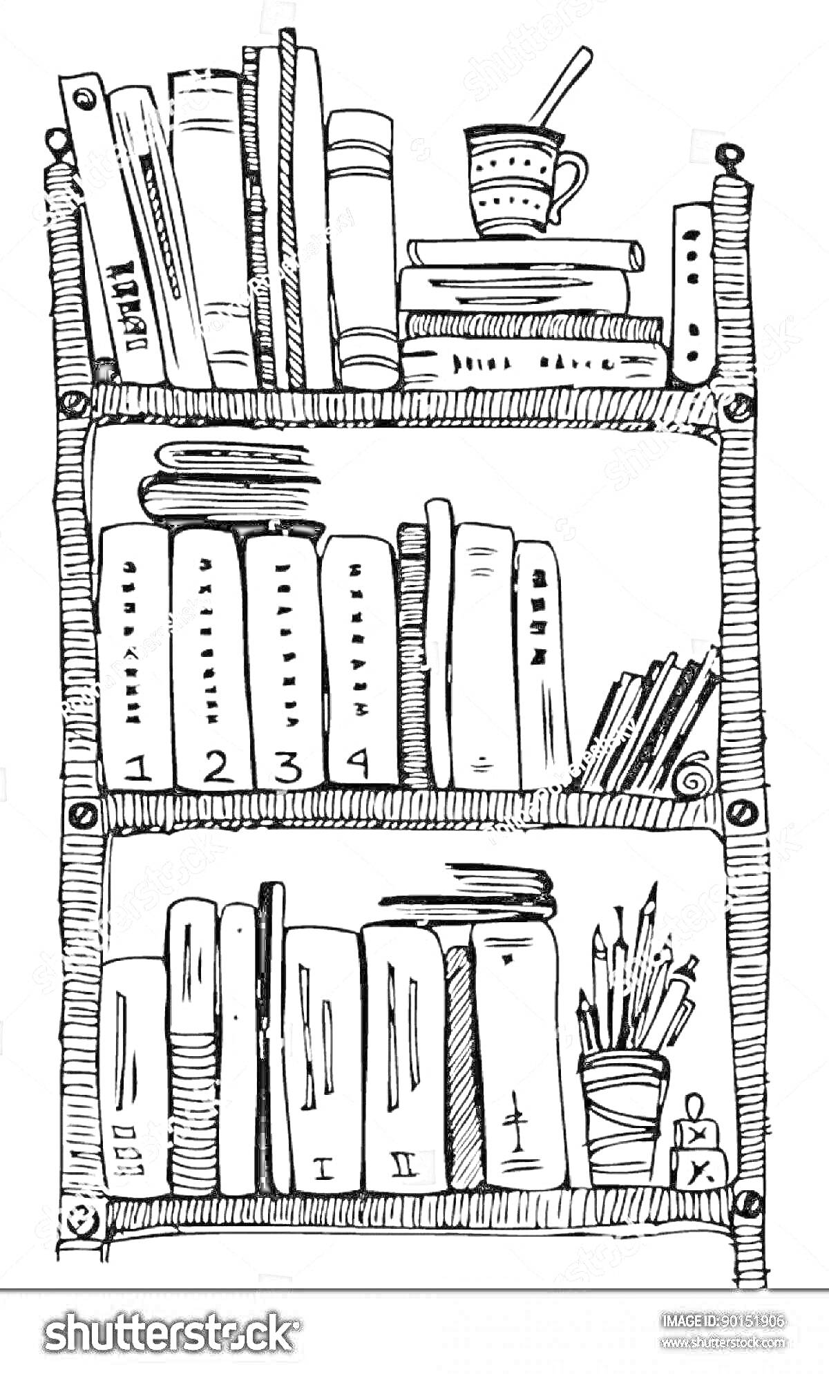 Раскраска Шкаф с книгами, кружка с карандашами, стопка книг, кружка с напитком