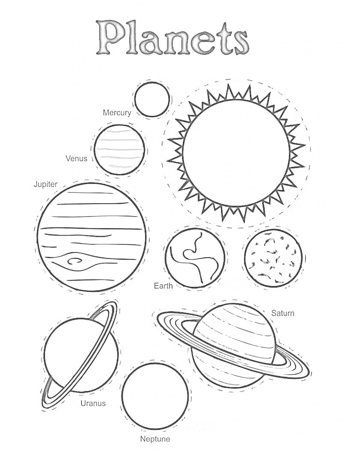 На раскраске изображено: Солнечная система, Планеты, Солнце, Меркурий, Венера, Земля, Марс, Юпитер, Сатурн, Уран, Нептун, Астрономия, Учеба