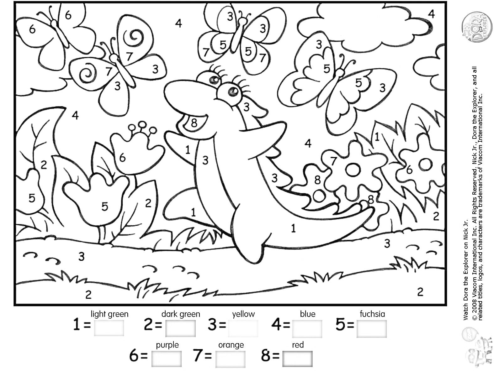 Раскраска Поле с цветами и бабочками, динозаврик по цифрам