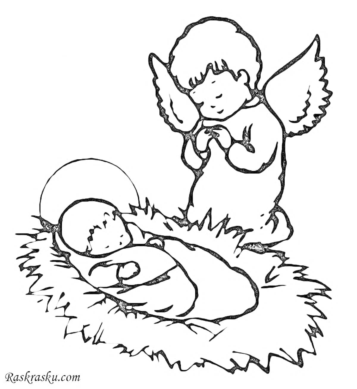 На раскраске изображено: Рождество, Ангел, Младенец, Ясли, Молитва, Праздники, Для детей