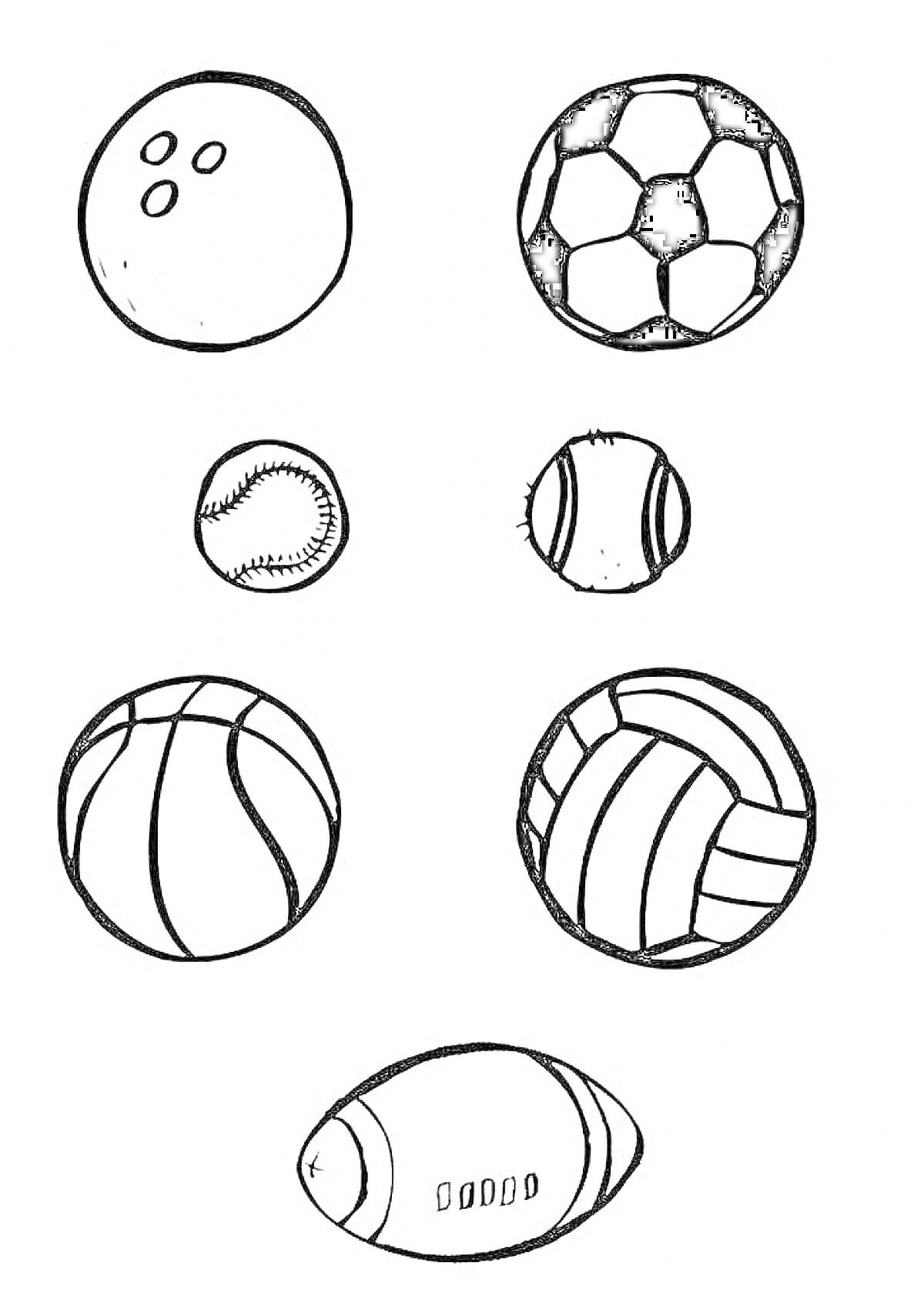 На раскраске изображено: Футбольный мяч, Бейсбольный мяч, Баскетбольный мяч, Волейбольный мяч, Спорт, Игрушки