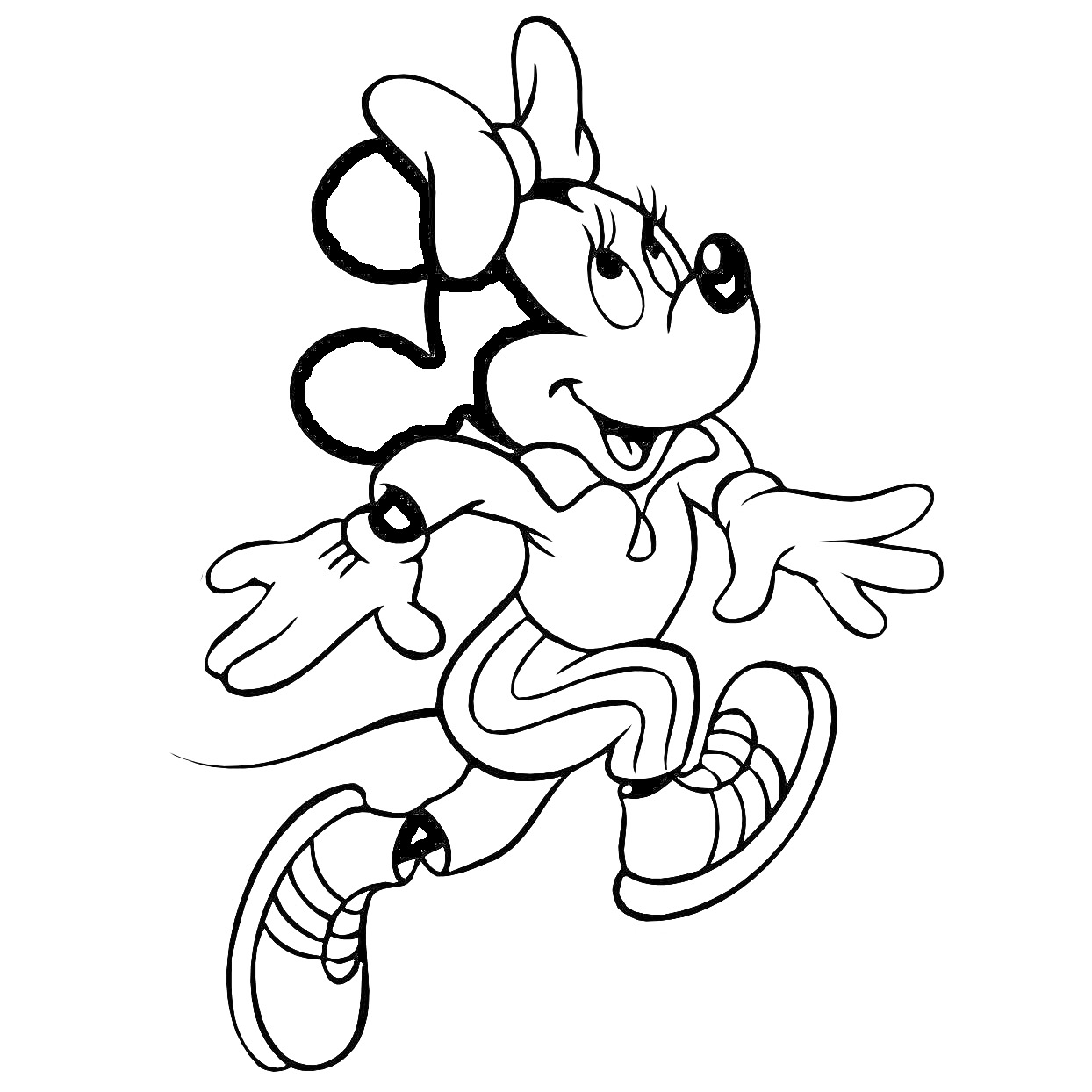 Раскраска Минни Маус в прыжке с бантиком на голове
