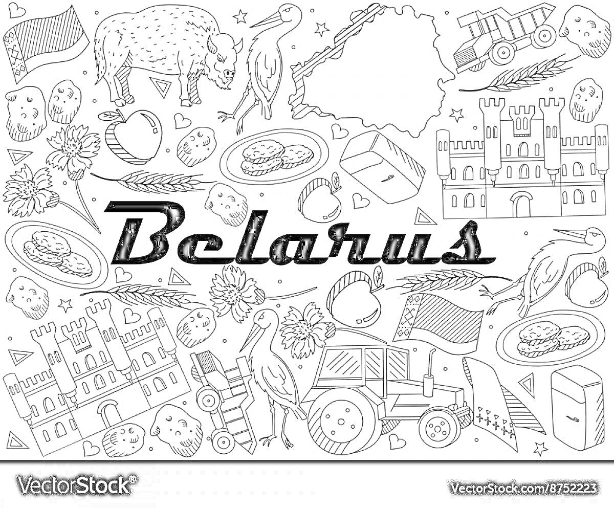 На раскраске изображено: Беларусь, Зубр, Аист, Трактор, Замок, Флаг, Карта, Сыр, Лошадь, Хлеб, Ягоды, Цветы, Виноград