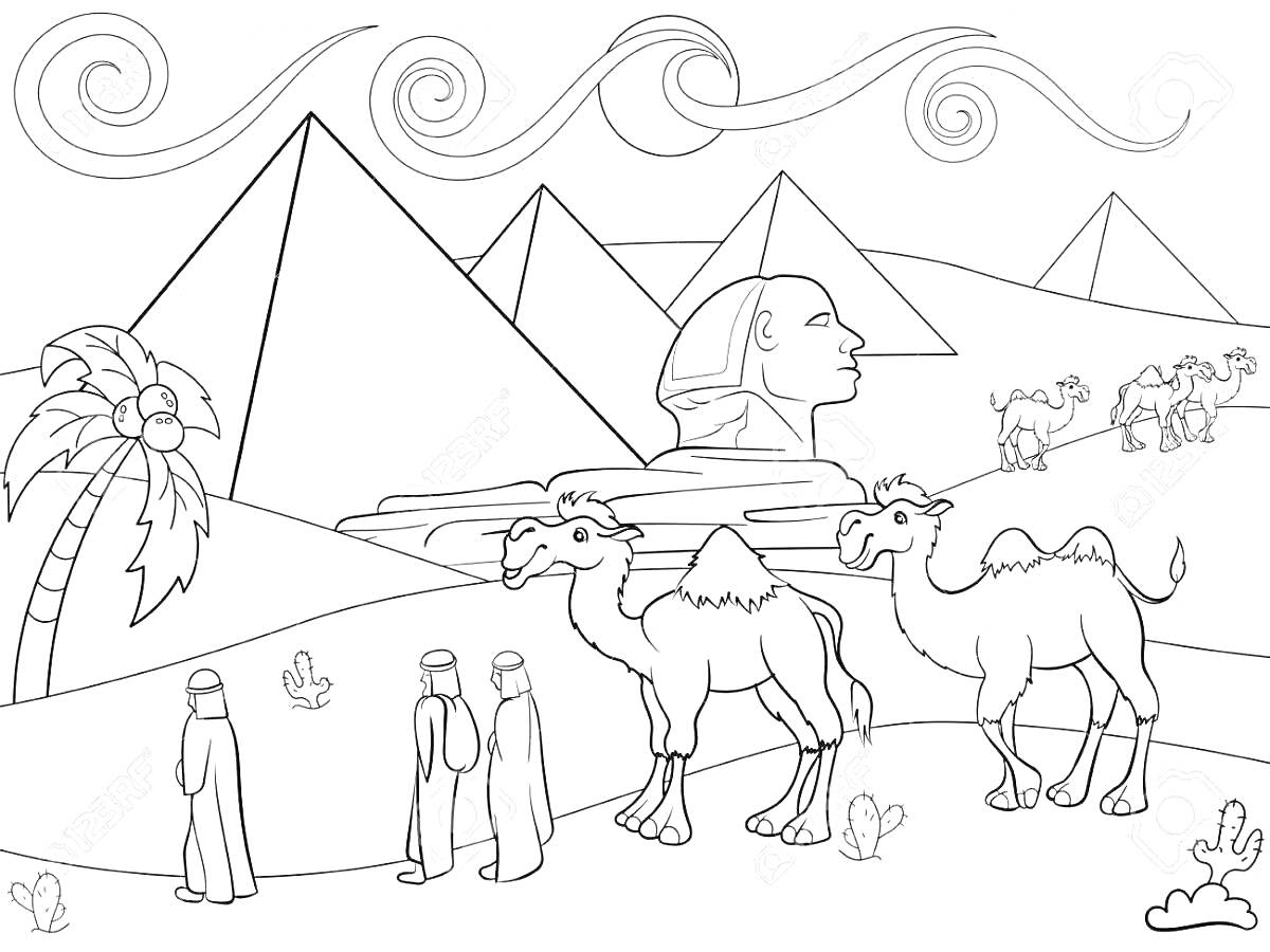 На раскраске изображено: Египет, Сфинкс, Птица, Облака, Пустыня