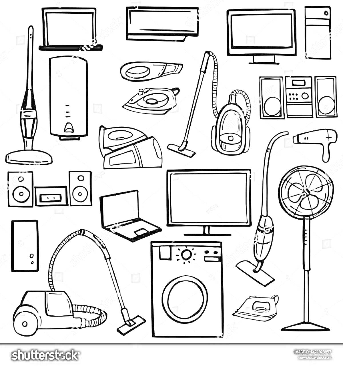 Раскраска Электроприборы (пылесосы, ноутбуки, стиральная машина, телевизоры, вентилятор, аудиосистема, утюг, смартфон, планшет, утюг, колонка, микроволновая печь)