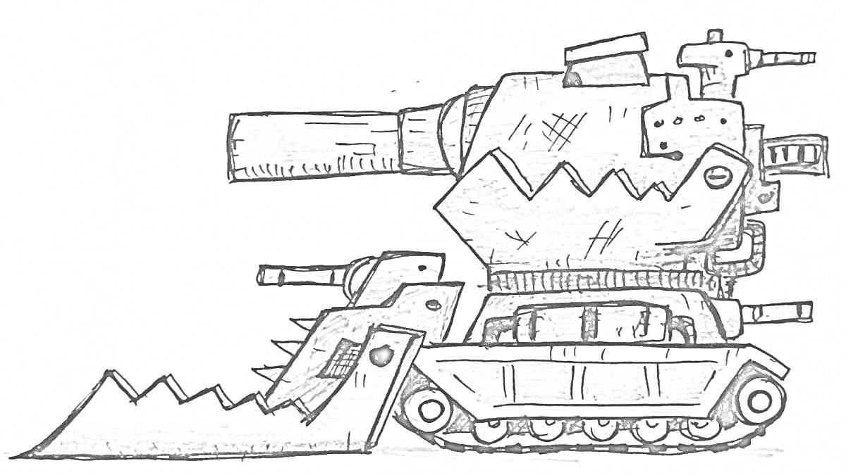 Раскраска Военный танк Левиафан с большой пушкой, гусеницами и боевым лезвием спереди