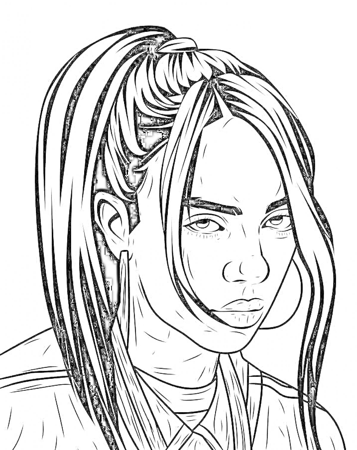 Раскраска Портрет девушки с серьгой и собранными в хвост волосами