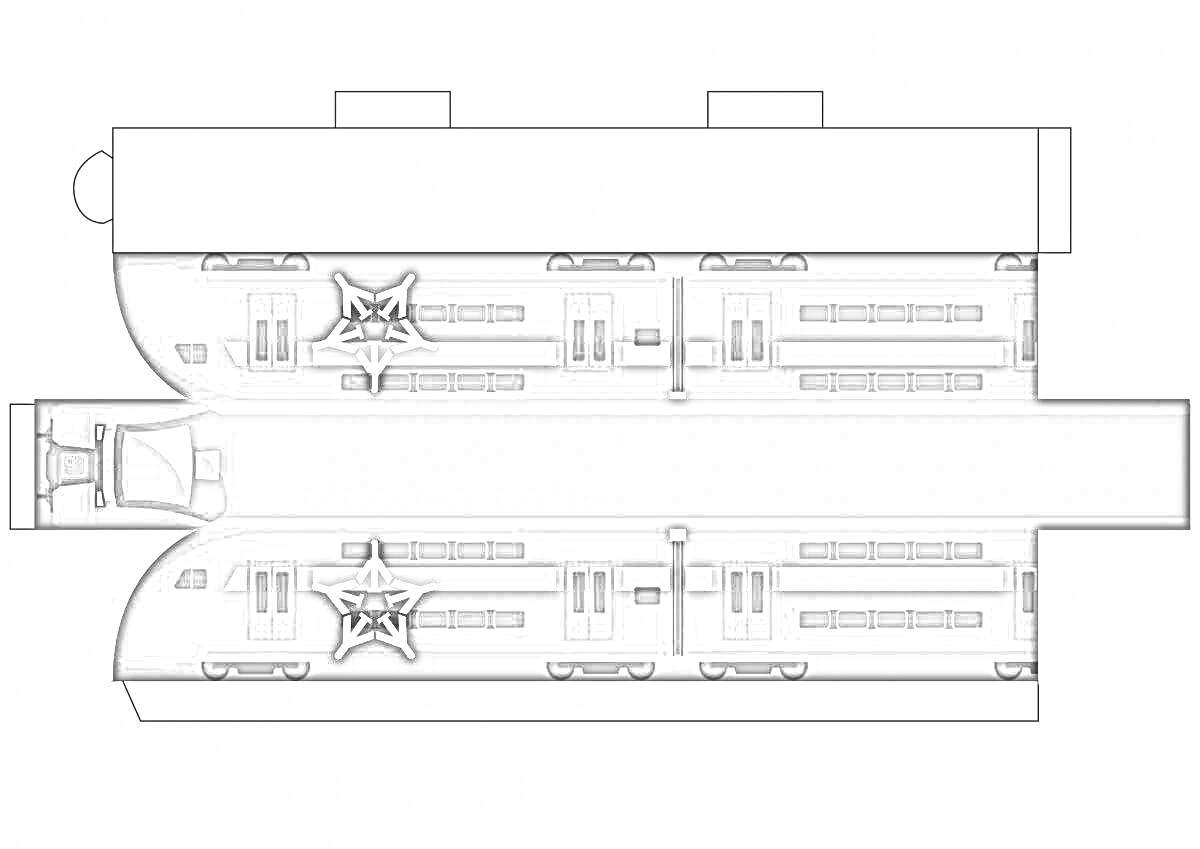 Раскраска Пассажирский аэроэкспресс, вид сверху, с верхней частью и пассажирскими вагонами, украшенными звездами