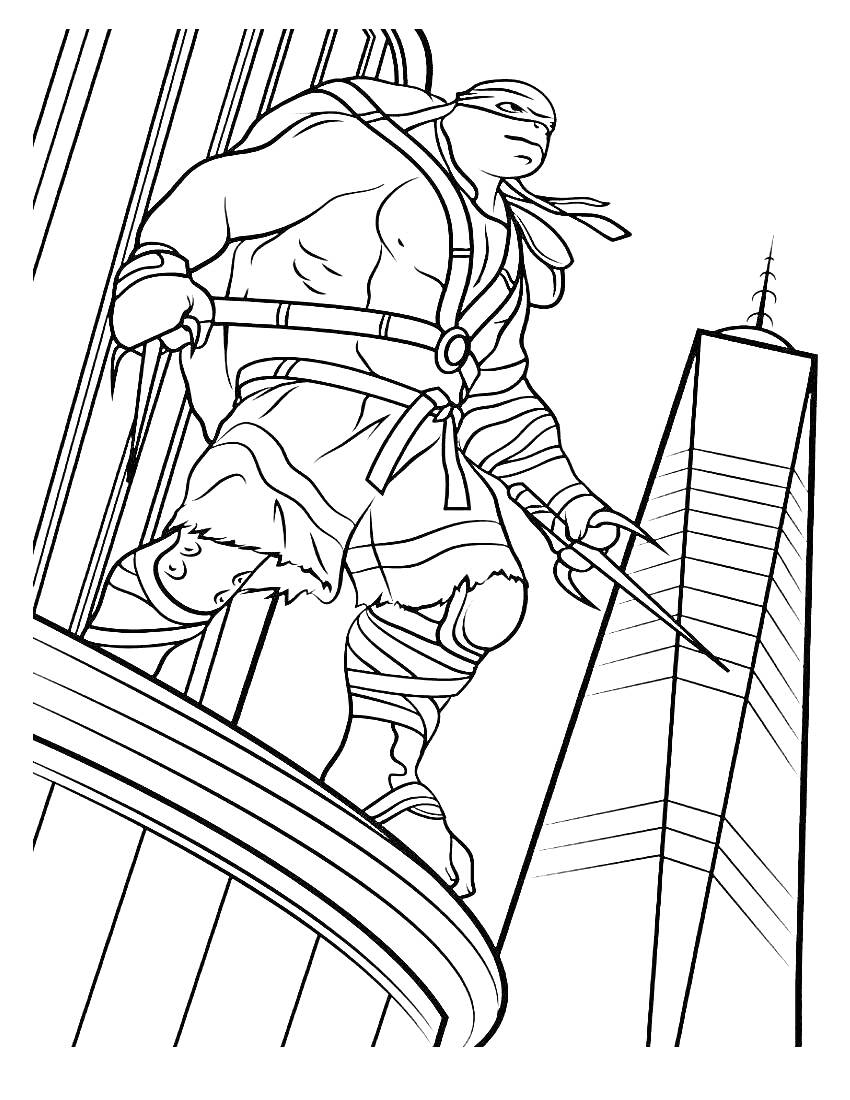 Рафаэль - черепашка-ниндзя на крыше небоскреба с кинжалом в руке