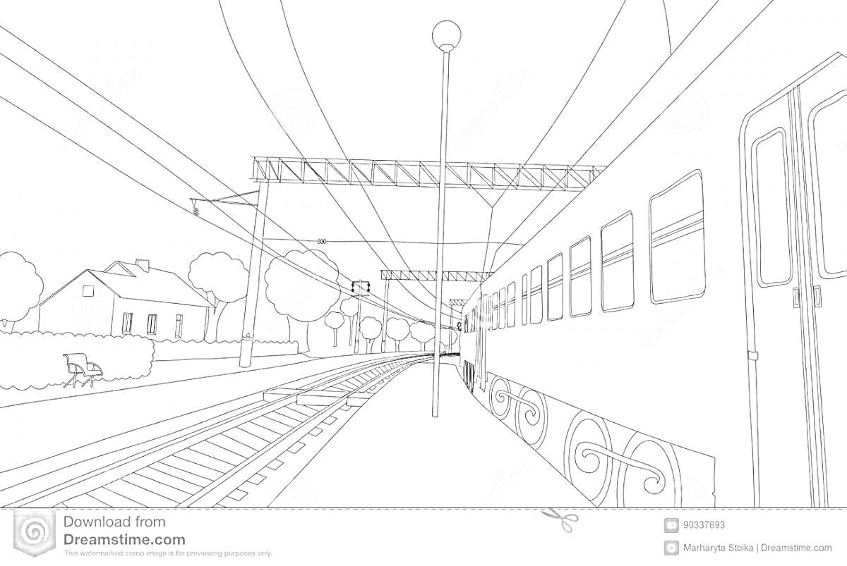 Раскраска Вокзал с поездом, платформой, рельсами, деревьями, домиком и скамейкой