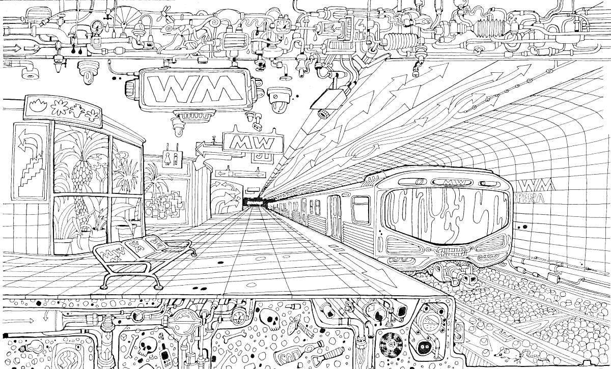 На раскраске изображено: Поезд, Светильники, Вывеска, Туннель, Платформы, Здания, Городской пейзаж