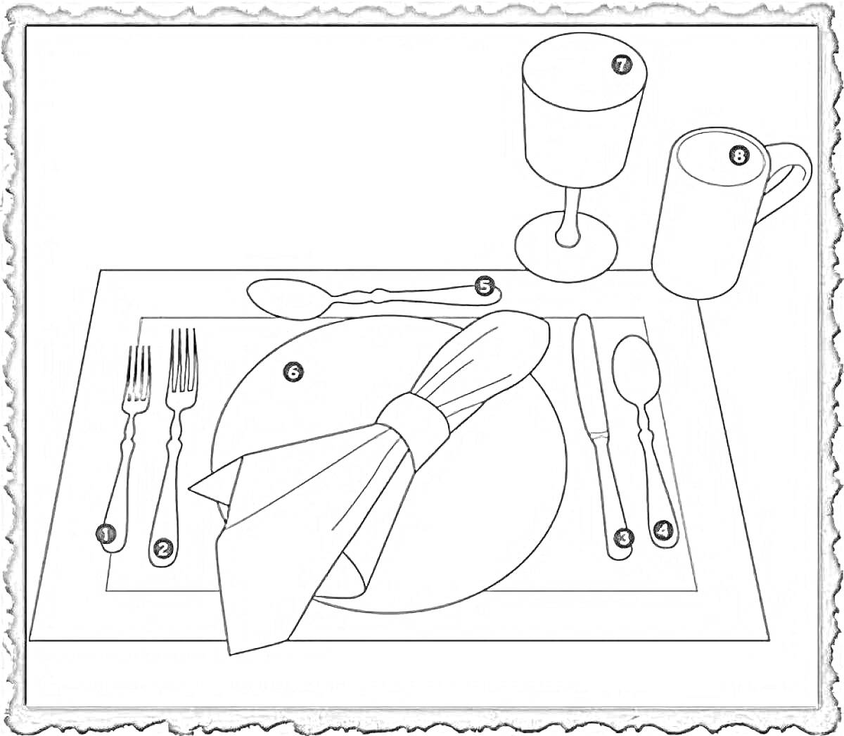 На раскраске изображено: Сервировка, Стол, Бокал, Ложка, Вилка, Нож, Тарелка