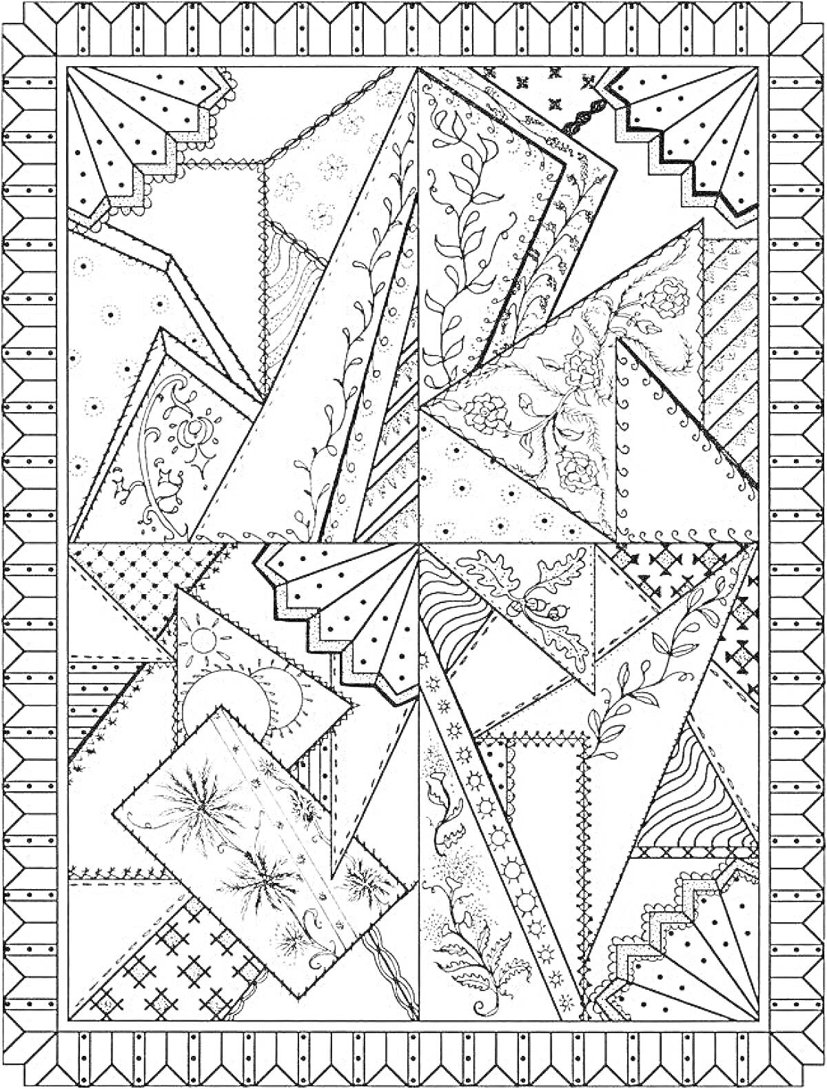 Раскраска Красочное лоскутное одеяло с цветочными, геометрическими и абстрактными узорами
