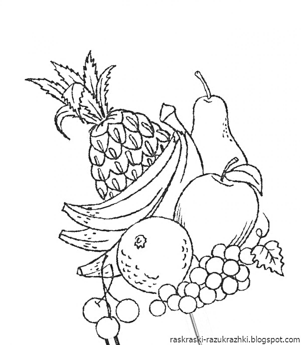 Раскраска Ананас, бананы, груша, яблоко, апельсин, виноград на одной ветке