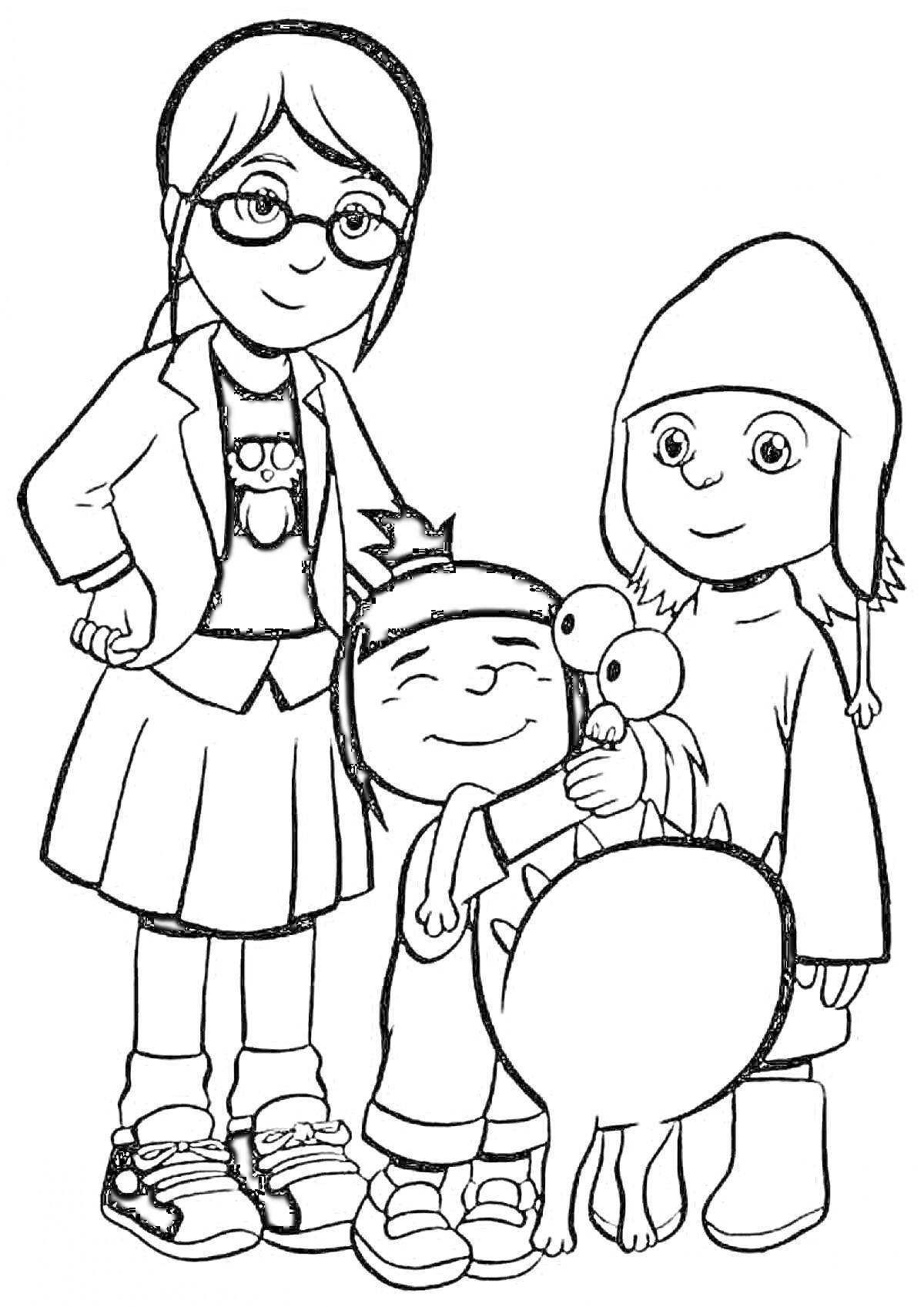 Раскраска Три девочки в очках, кофте и юбке, зимней шапке и свитере с монстром на руках