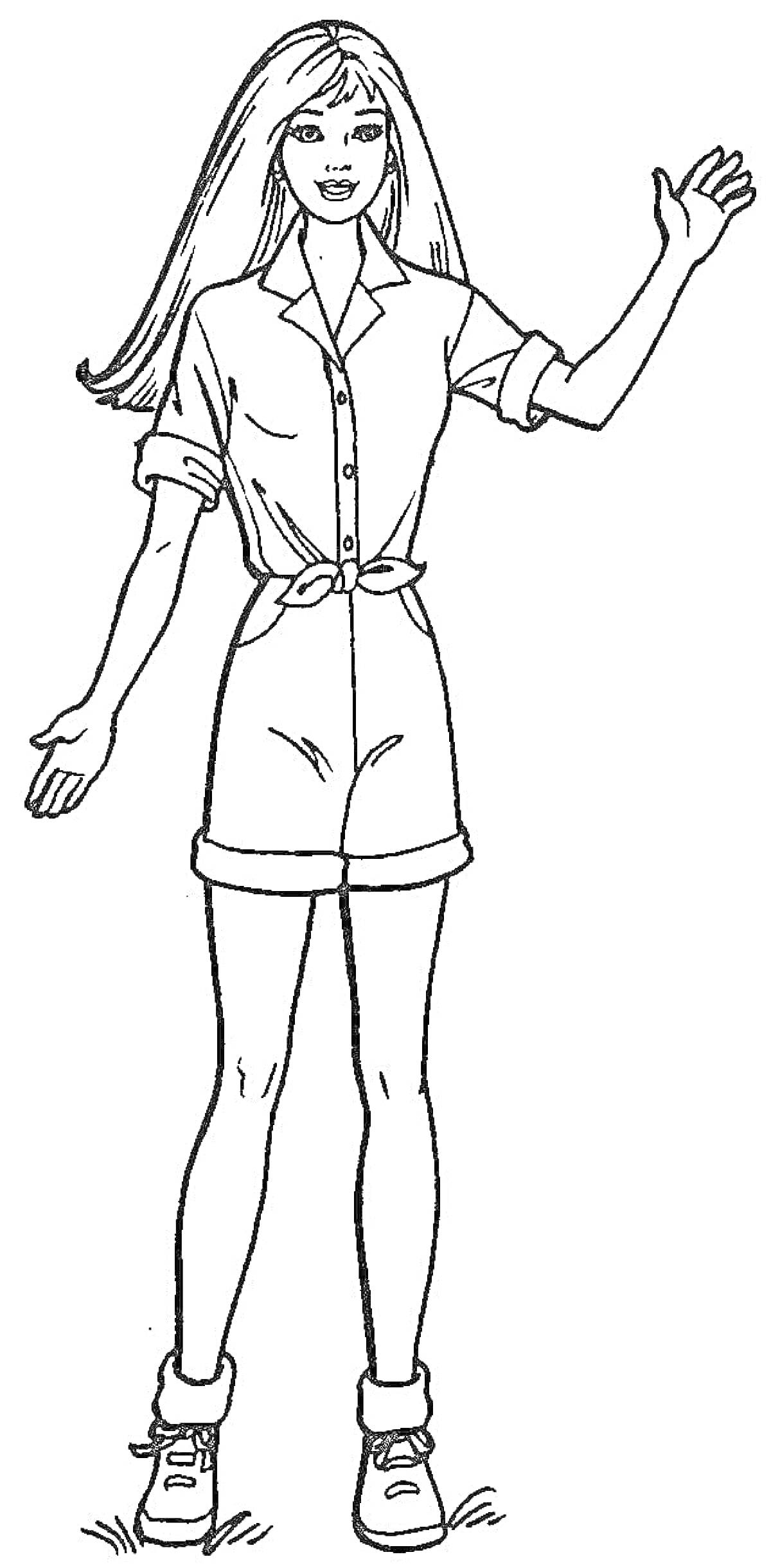 Раскраска Девушка в комбинезоне с короткими рукавами и шортами, с поднятой рукой