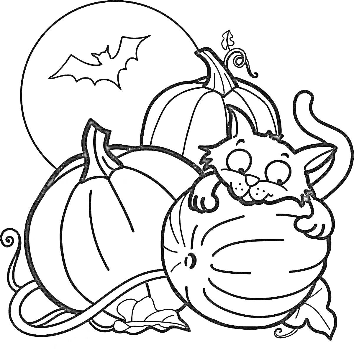 На раскраске изображено: Хэллоуин, Кот, Летучая мышь, Полная луна, Осень