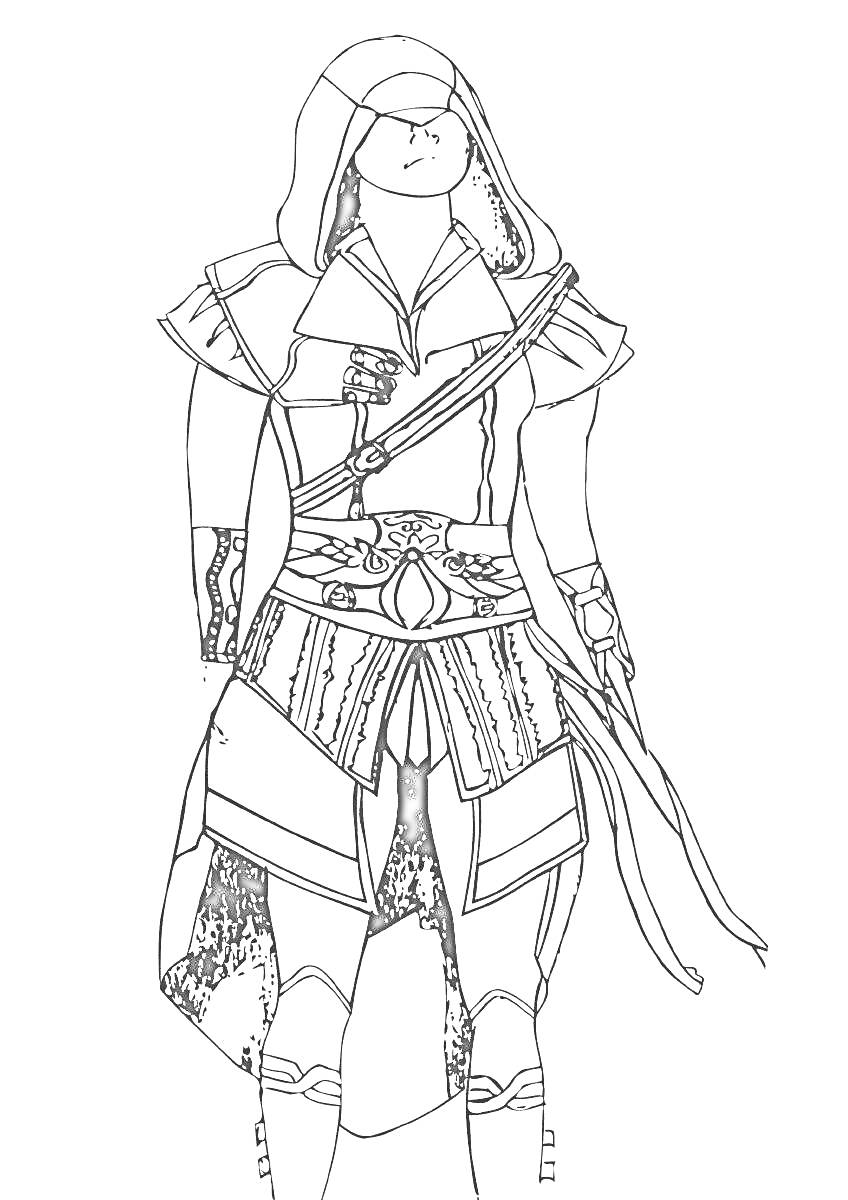 Ассасин в плаще с капюшоном, снаряженный мечом и ремнями, в сложной униформе с декоративными элементами