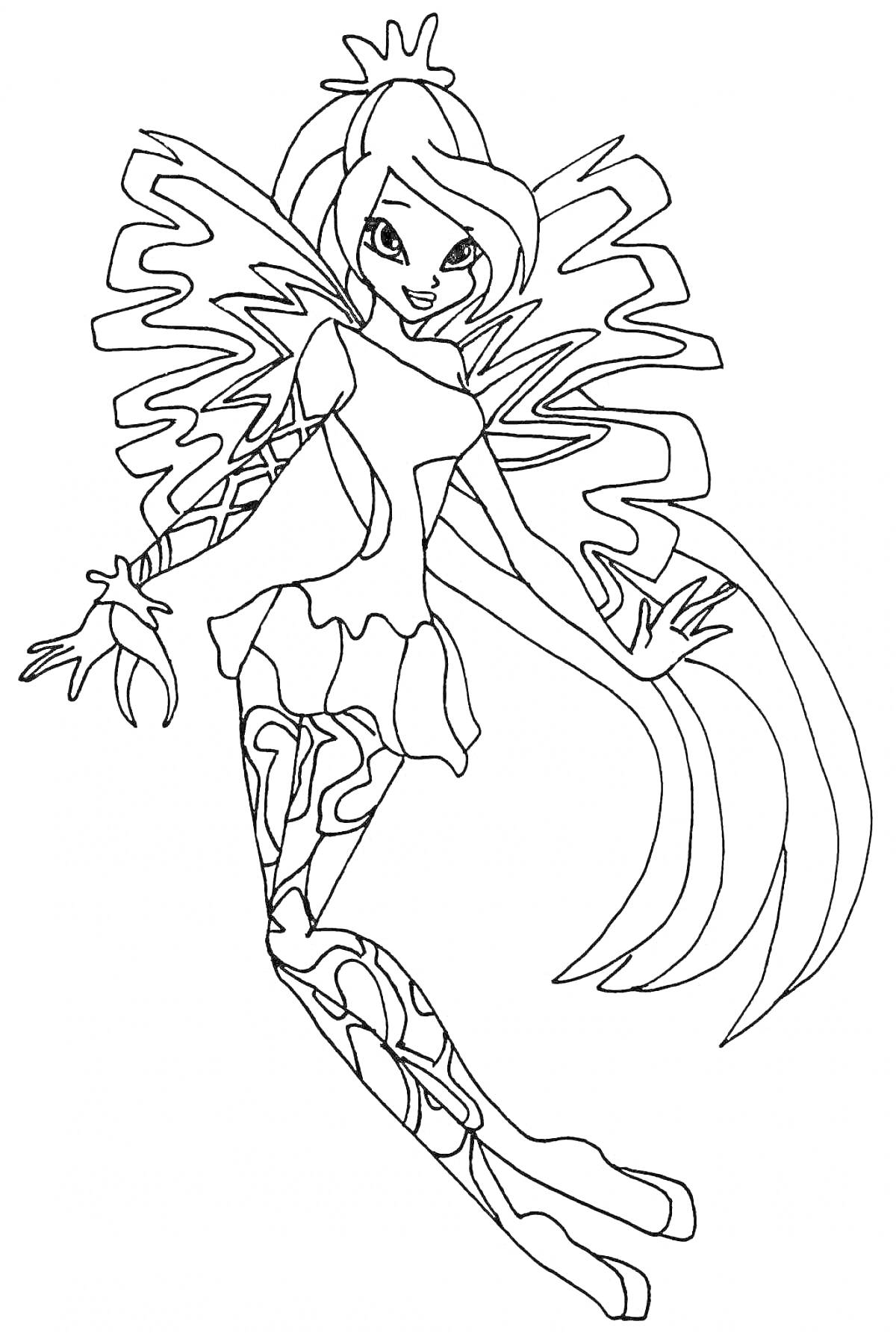 Раскраска Фея с длинными волосами в наряде с узорами и крыльями