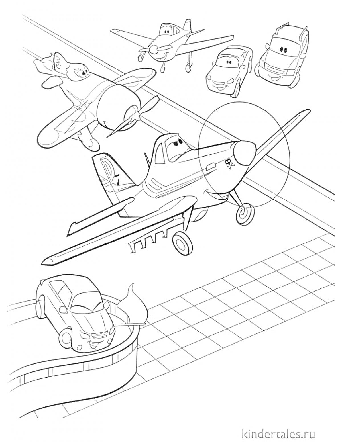 На раскраске изображено: Самолеты, Аэродром, Дисней, Аэропорт, Летательный аппарат, Анимация