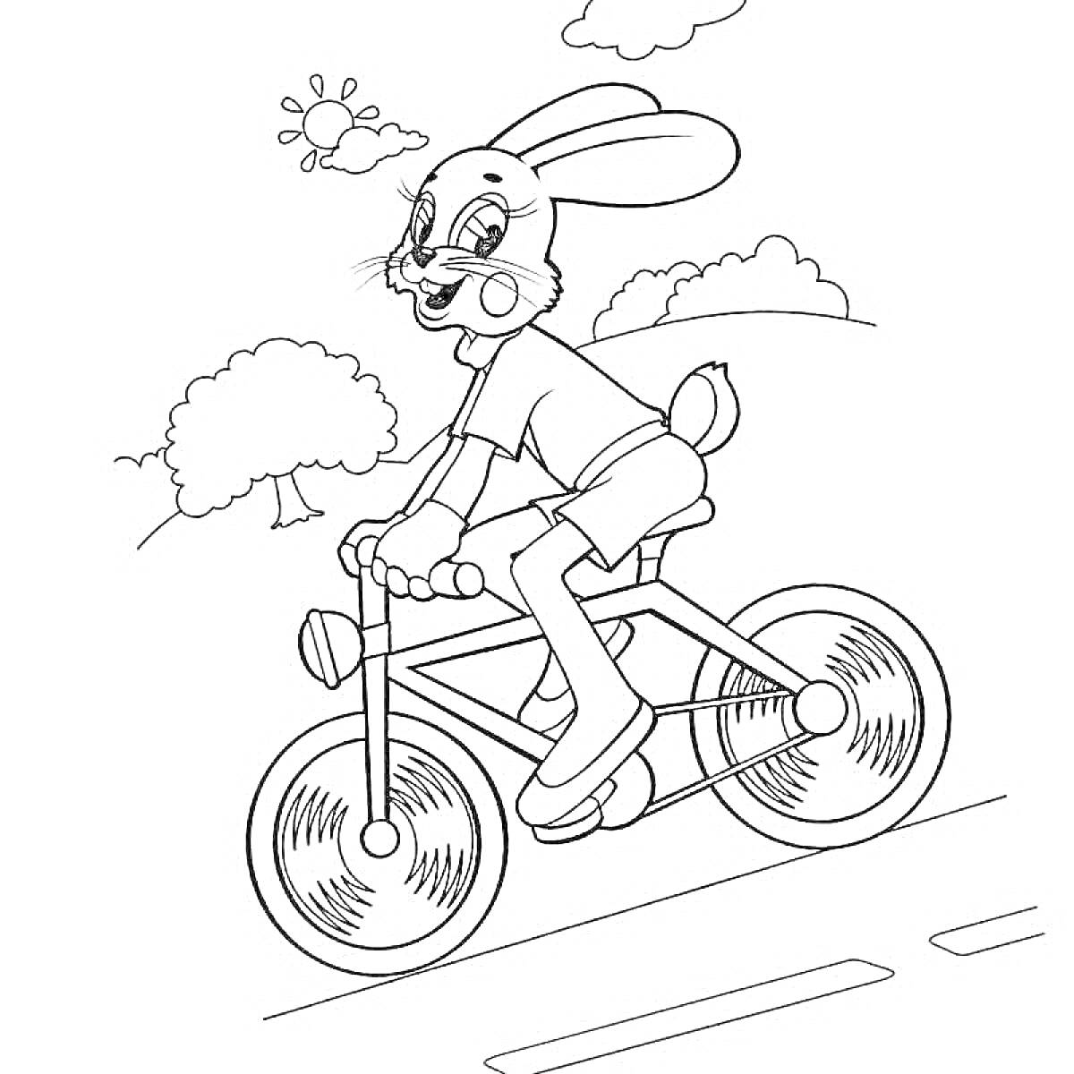 На раскраске изображено: Заяц, Велосипед, Солнце, Деревья, Ну погоди, Природа