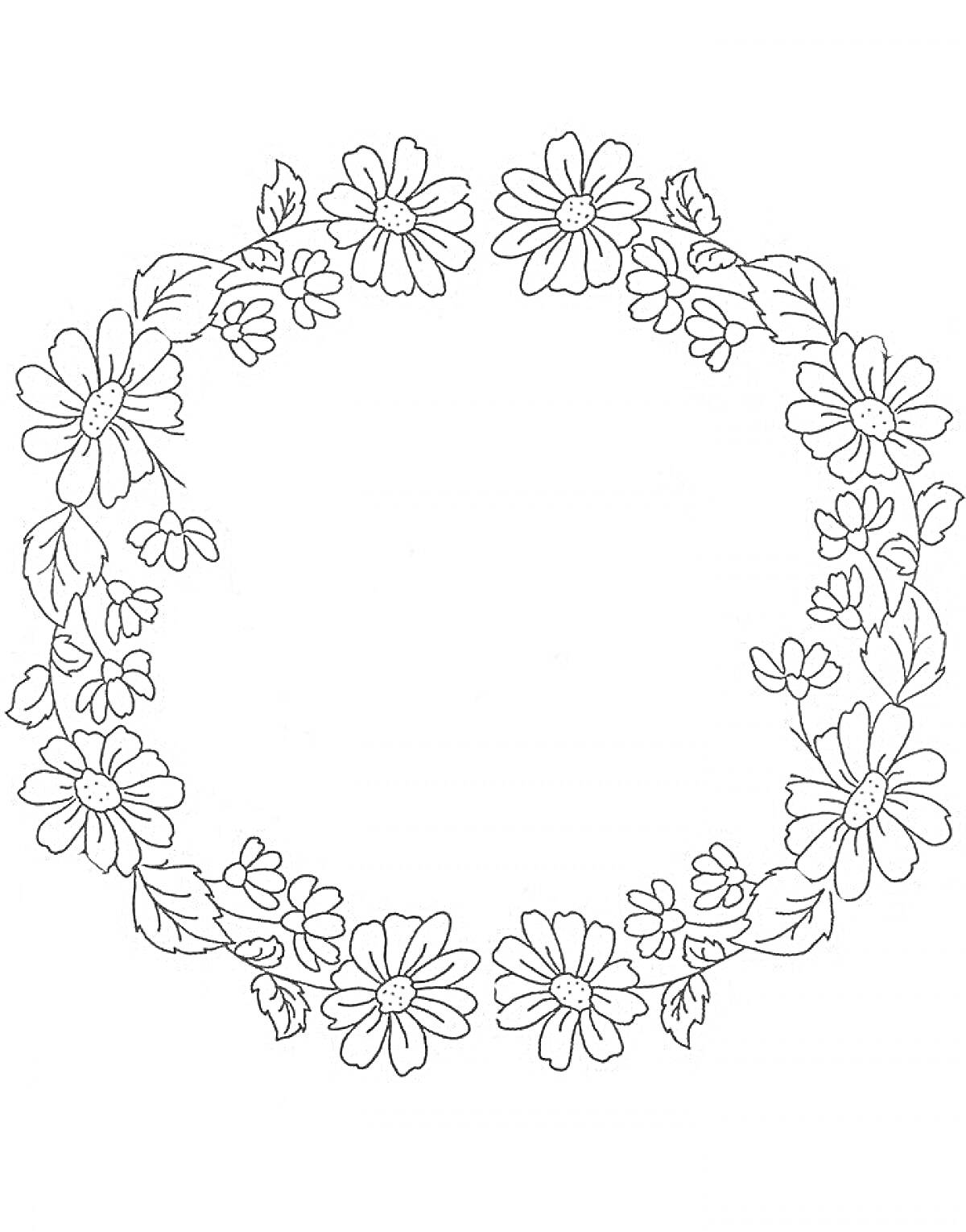 Раскраска Венок из цветов с листьями